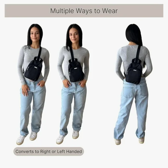 Baggalini Black Sling Backpack Bag Multi Wear RFID Card Slots Adjustable NEW - Picture 6 of 16